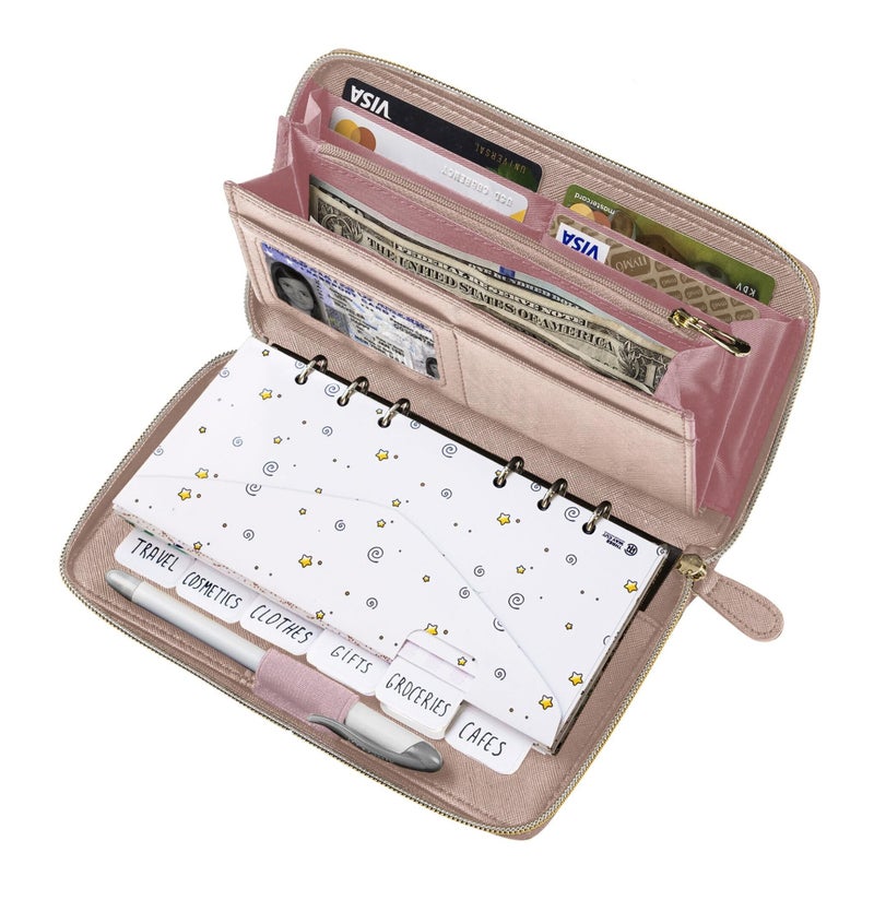 THREE WAY CUT Cash Envelope Wallet Rose Gold All in One Budget System RFID Blocking with 12x Tabbed Cash Envelopes, 12x Monthly Budget Cards 1x Yearly Budget Planner Sheet Complete Money Organizer Set for Cash - Image 1